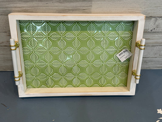Embossed Green Decorative Serving Tray with White Handles | 15" x 10"