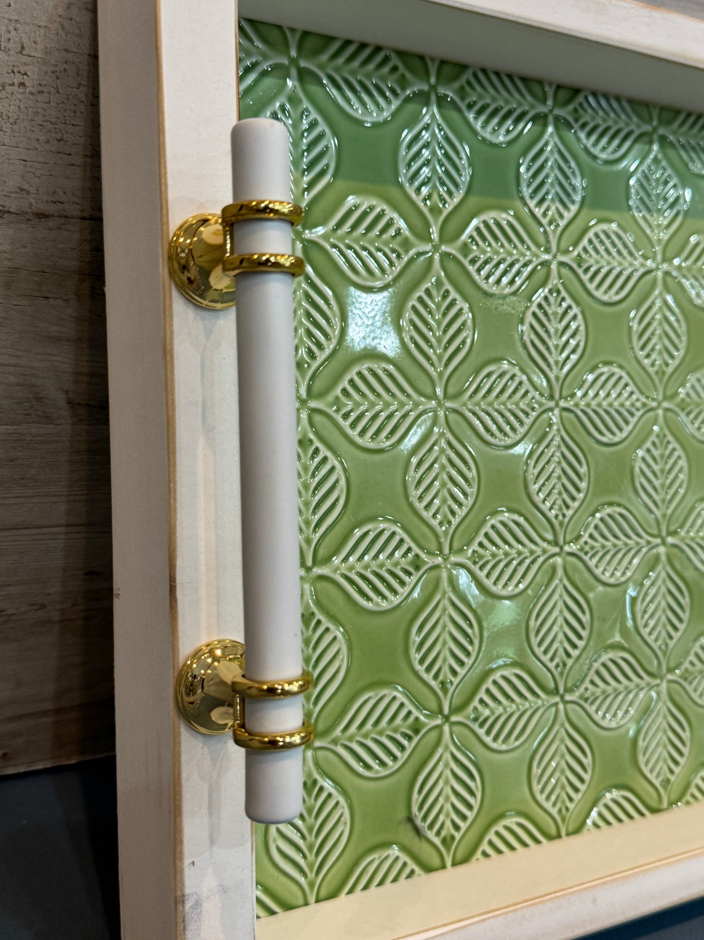 Embossed Green Decorative Serving Tray with White Handles | 15" x 10"