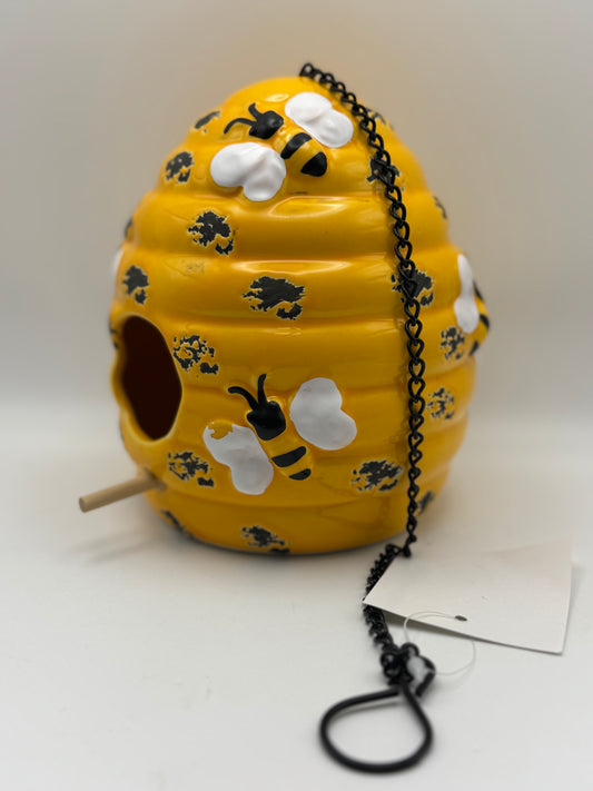 Bee Skep Ceramic Birdhouse with Hanging Chain - Yellow