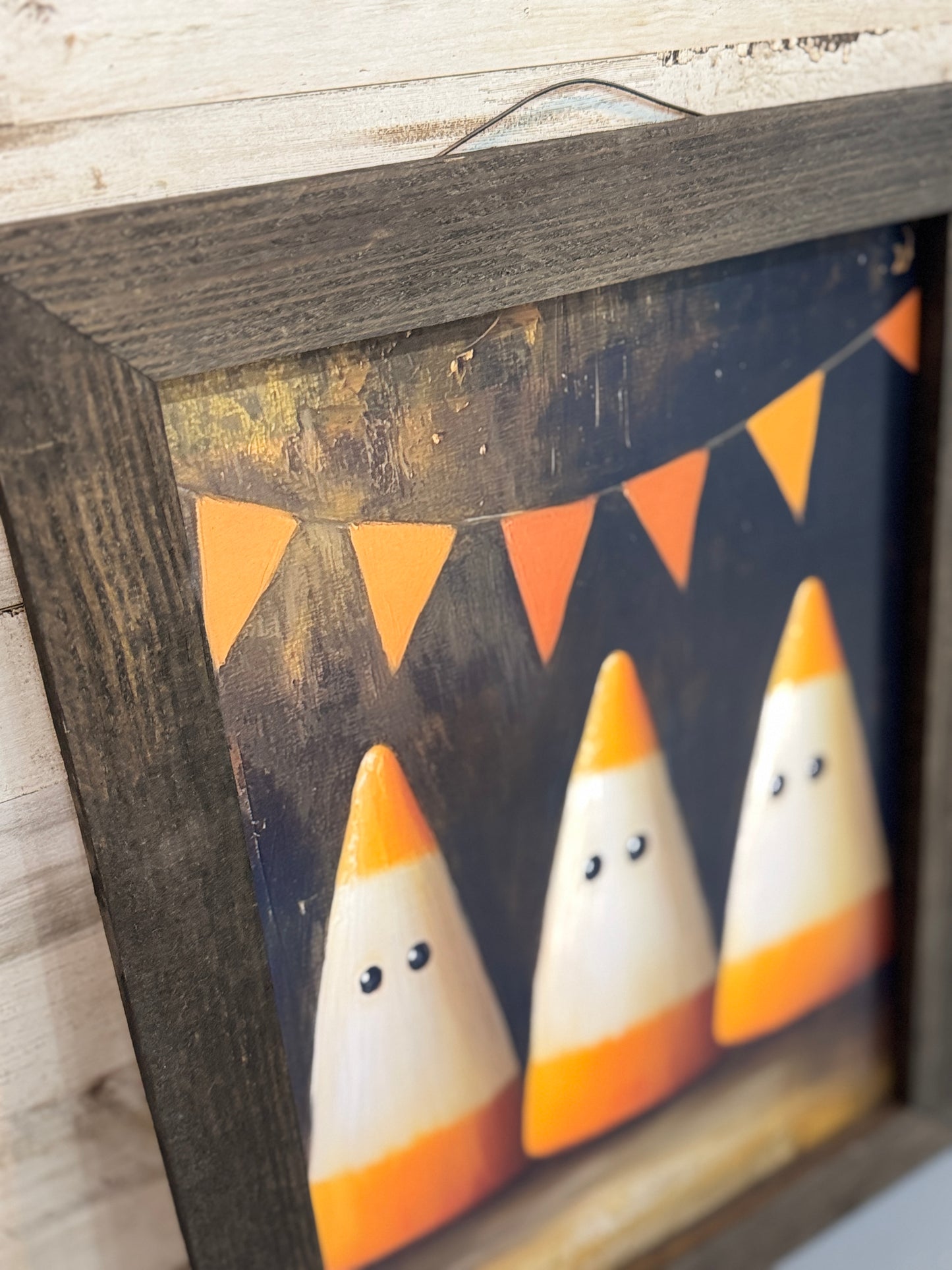 Candy Corn Ghost Trio Framed Halloween Wall Art – 12x16