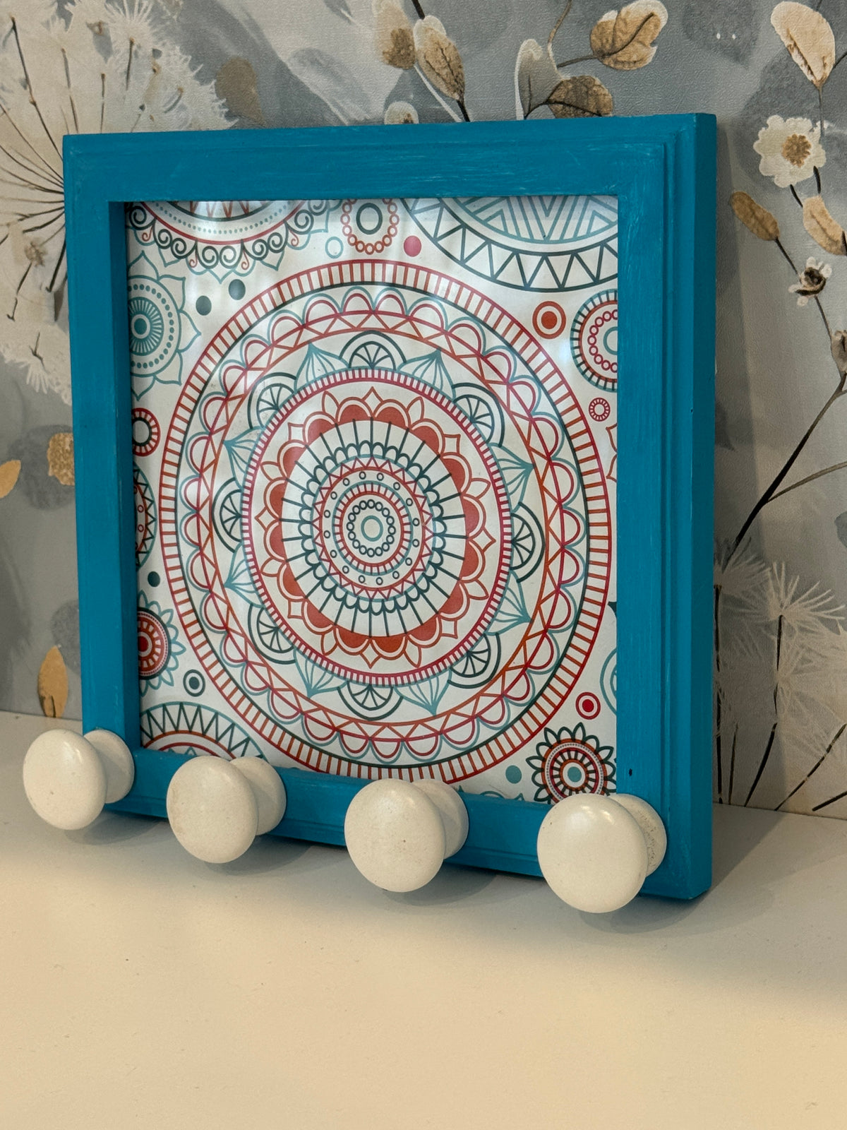 Colorful Mandala Wood Wall Hook – 4 Knobs – 8" x 8"