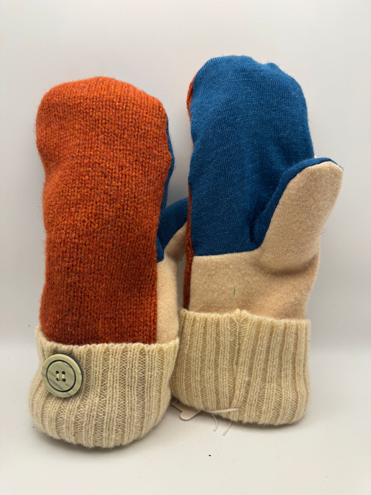 Eleanor – Handmade Repurposed Wool Mittens – Rust Orange, Blue & Cream