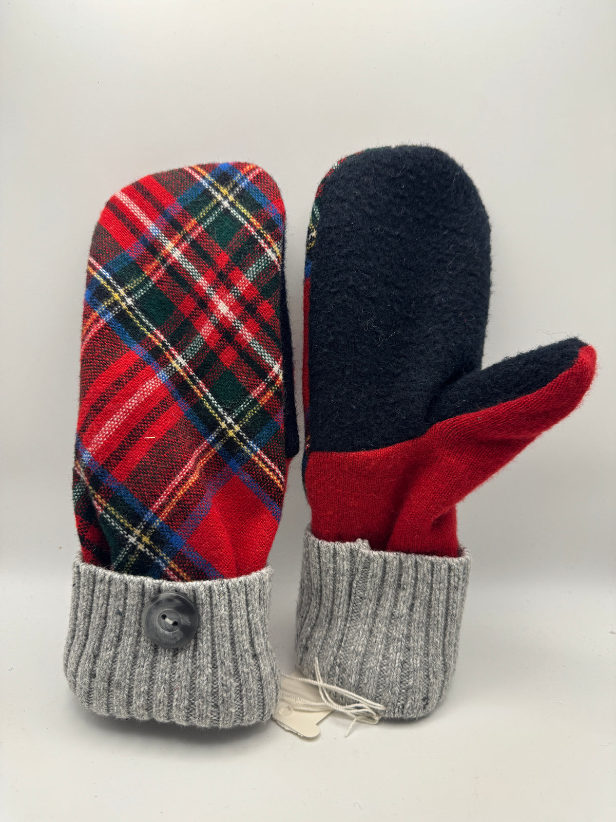 Eleanor – Handmade Repurposed Wool Mittens – Red Tartan Plaid & Gray