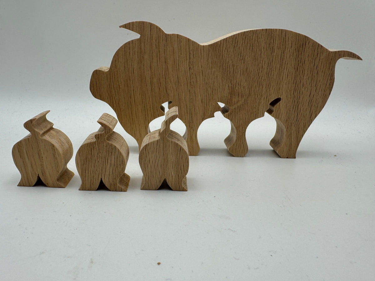 Handmade Wooden Mama Pig & Three Piglets Decor – 6"