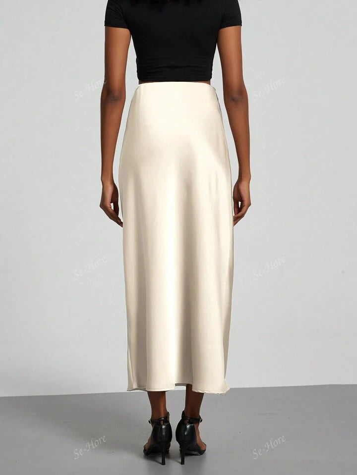 Women's Satin Fabric Stretch Satin Mid Calf Length Skirt - Cream