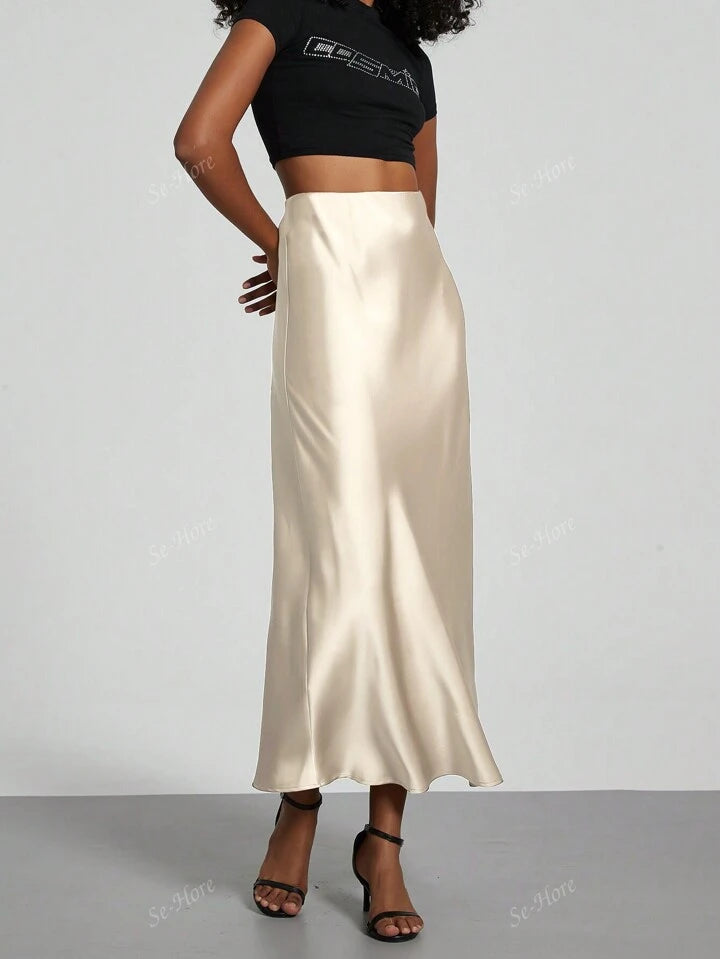 Women's Satin Fabric Stretch Satin Mid Calf Length Skirt - Cream