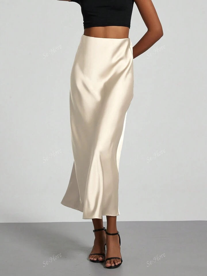 Women's Satin Fabric Stretch Satin Mid Calf Length Skirt - Cream