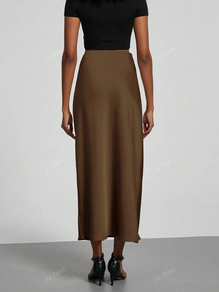 Women's Satin Fabric Stretch Satin Mid Calf Length Skirt - Brown