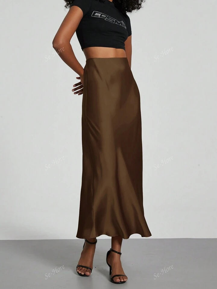 Women's Satin Fabric Stretch Satin Mid Calf Length Skirt - Brown