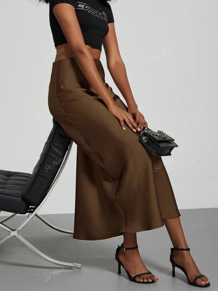 Women's Satin Fabric Stretch Satin Mid Calf Length Skirt - Brown