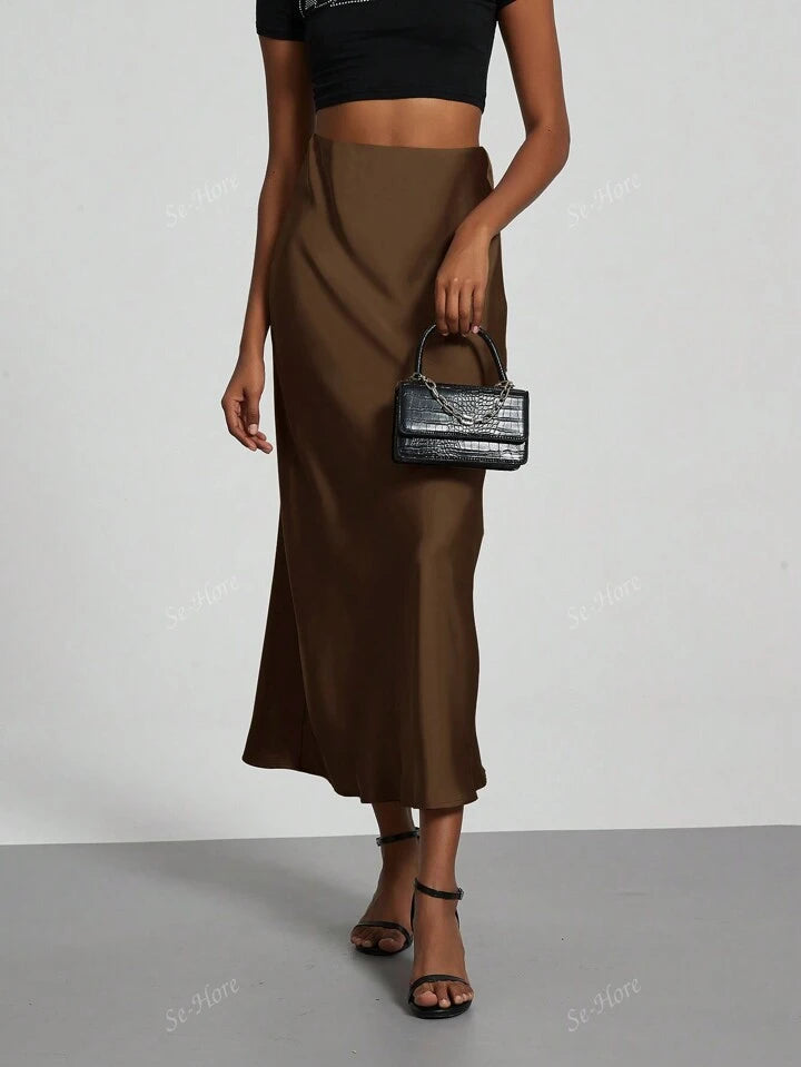 Women's Satin Fabric Stretch Satin Mid Calf Length Skirt - Brown