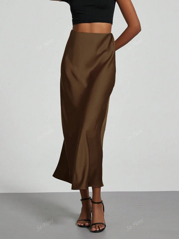 Women's Satin Fabric Stretch Satin Mid Calf Length Skirt - Brown
