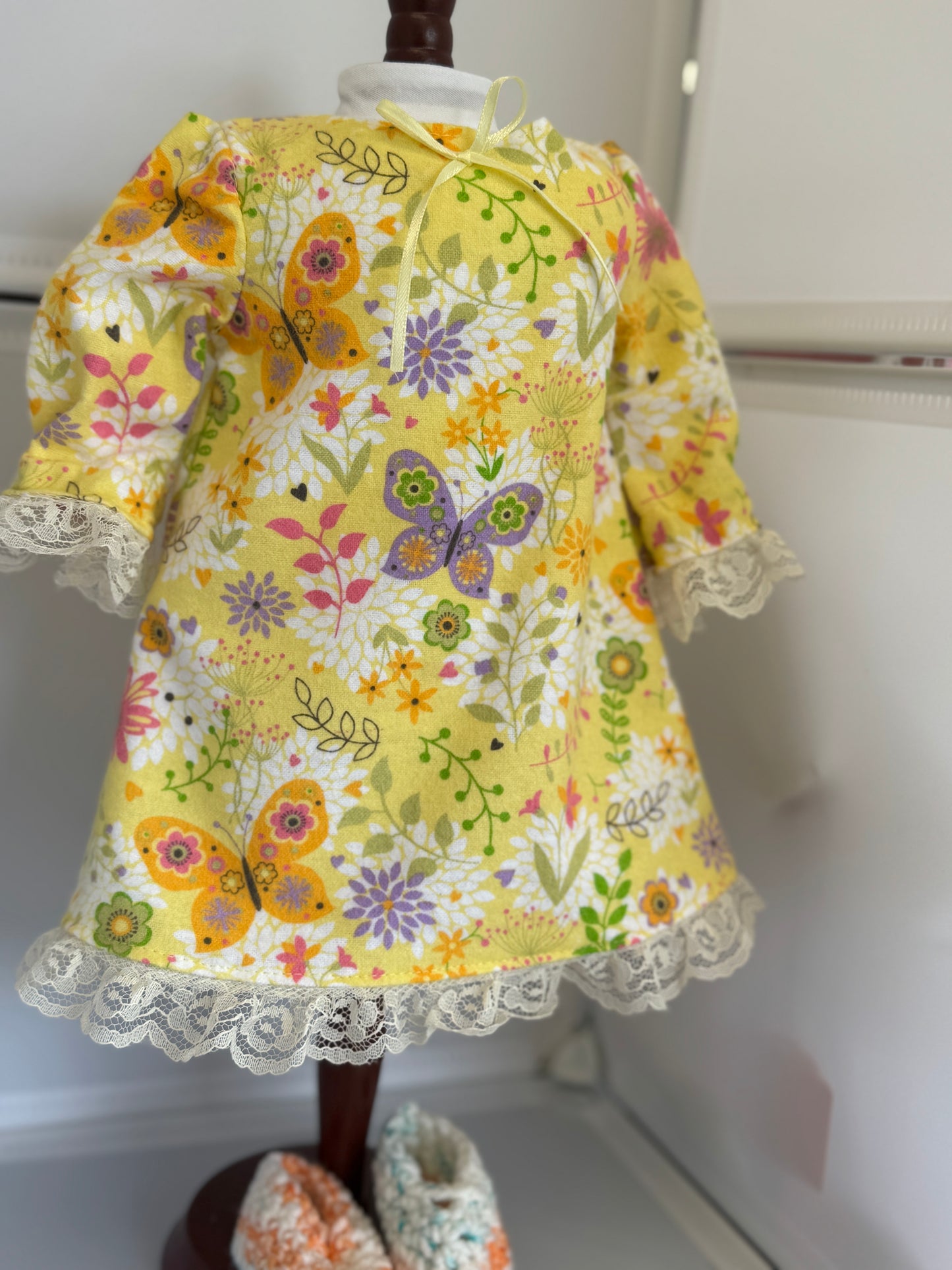 Handmade 18" Doll Clothes - Pajama set Yellow Floral Night Gown & Slippers