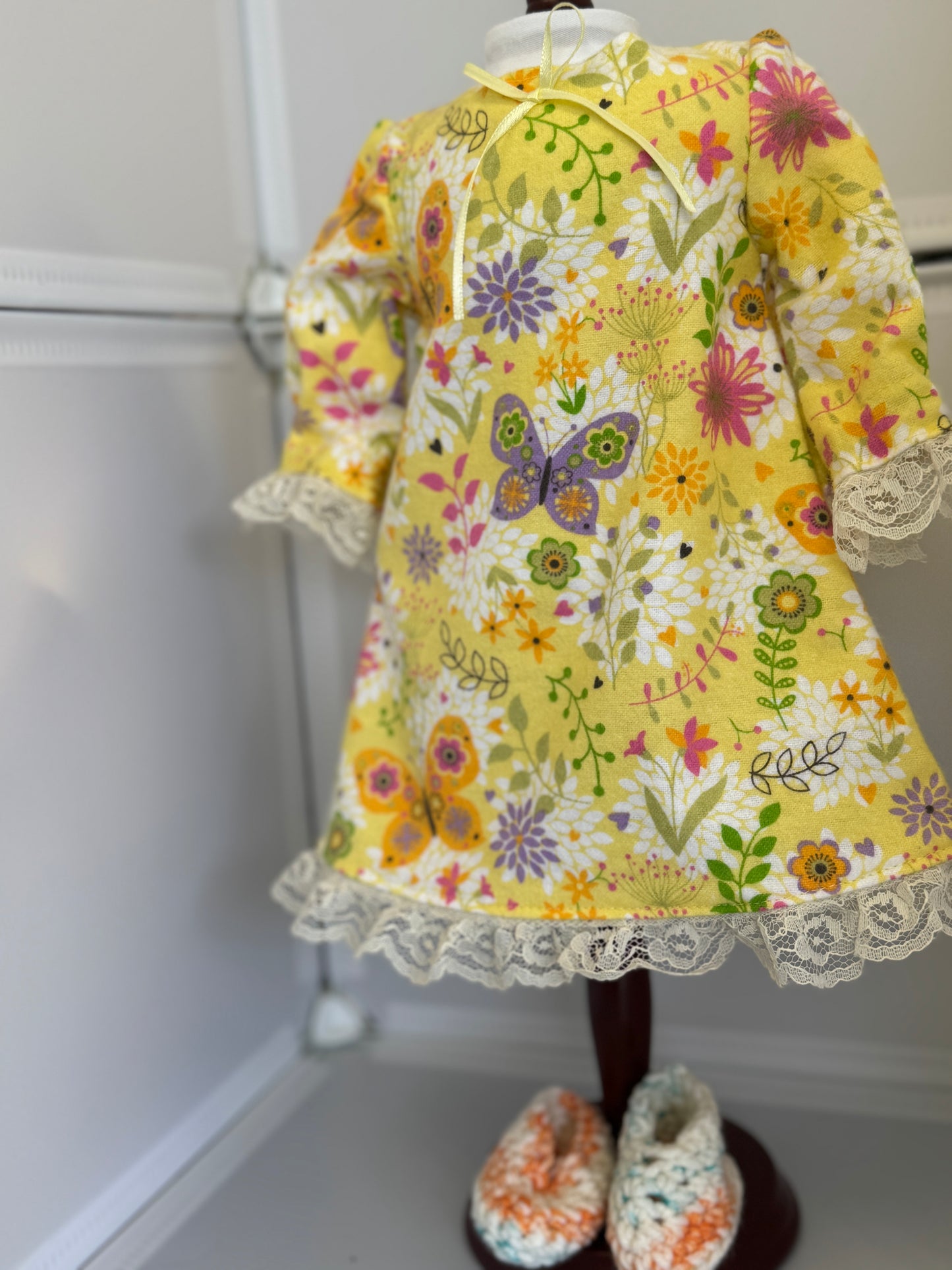 Handmade 18" Doll Clothes - Pajama set Yellow Floral Night Gown & Slippers