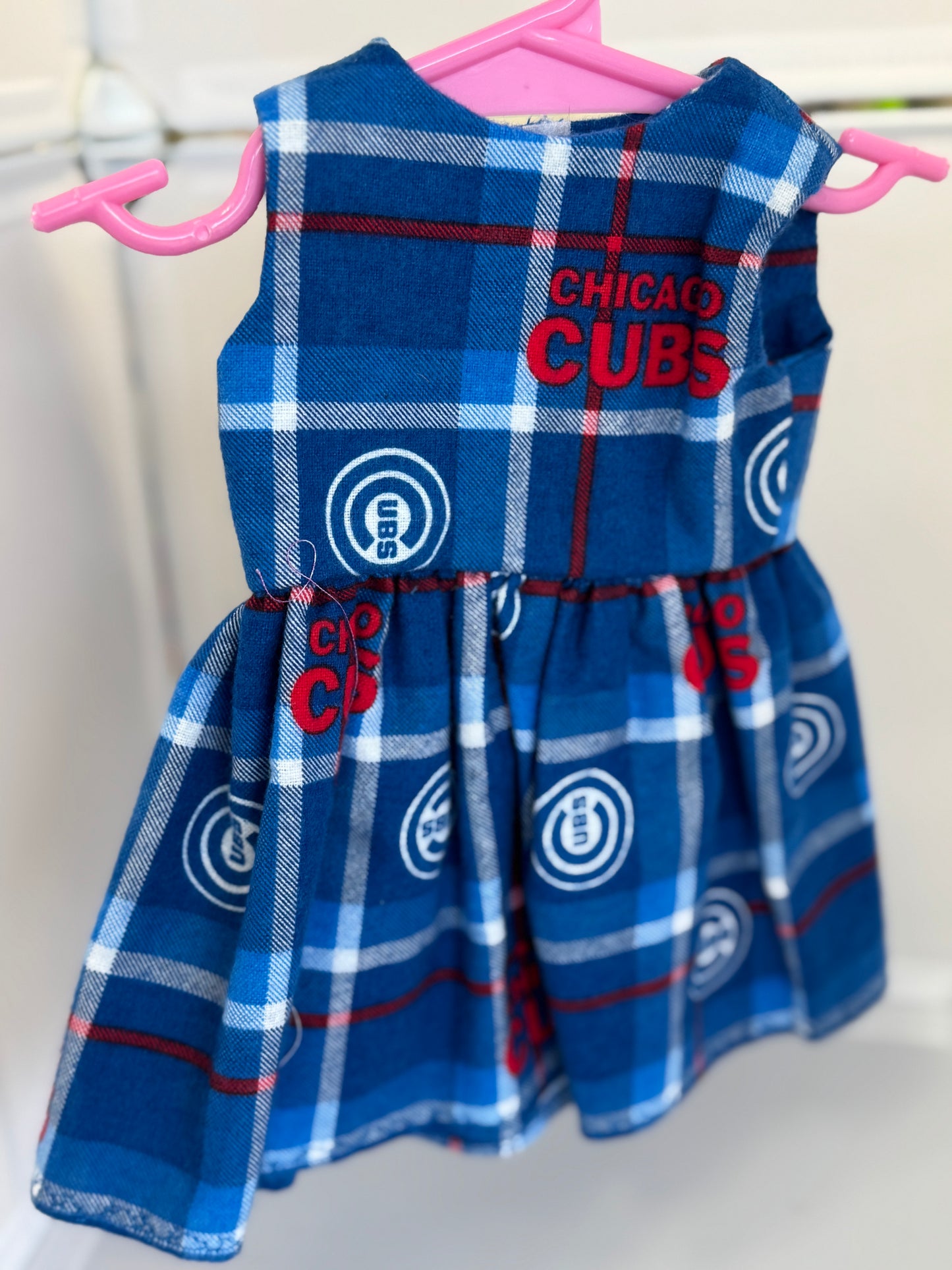 Handmade 18" Doll Clothes – Blue & Red Baseball-Inspired Dress with Matching Bow