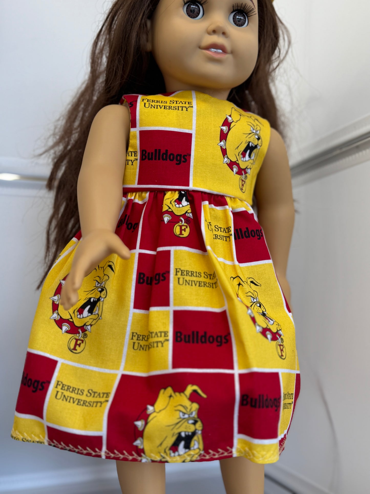 Handmade 18" Doll Clothes – Red & Gold Bulldog-Inspired Dress with Matching Bow