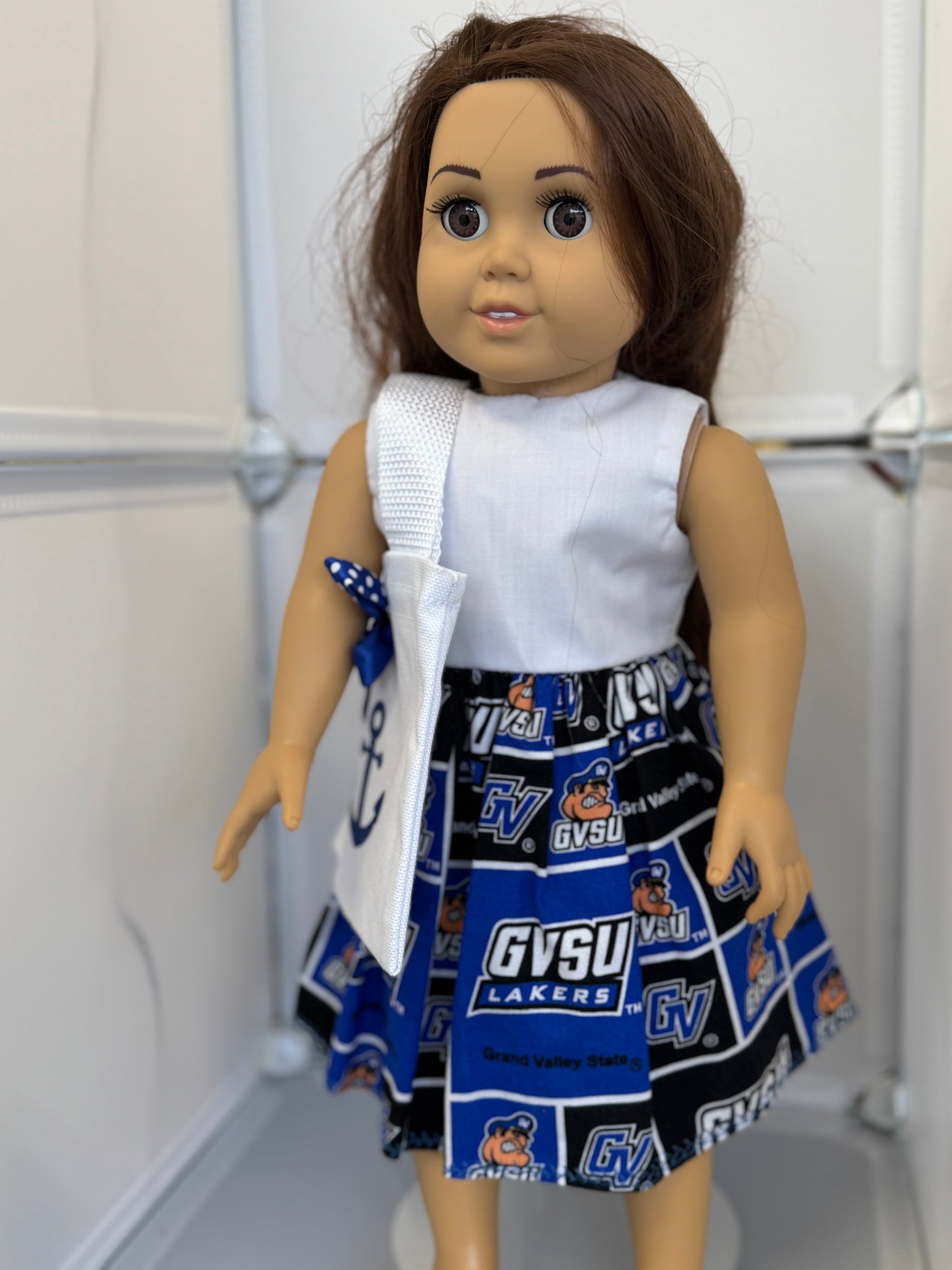 Handmade 18" Doll Clothes – Blue & White Collegiate-Inspired Dress with Matching Bow