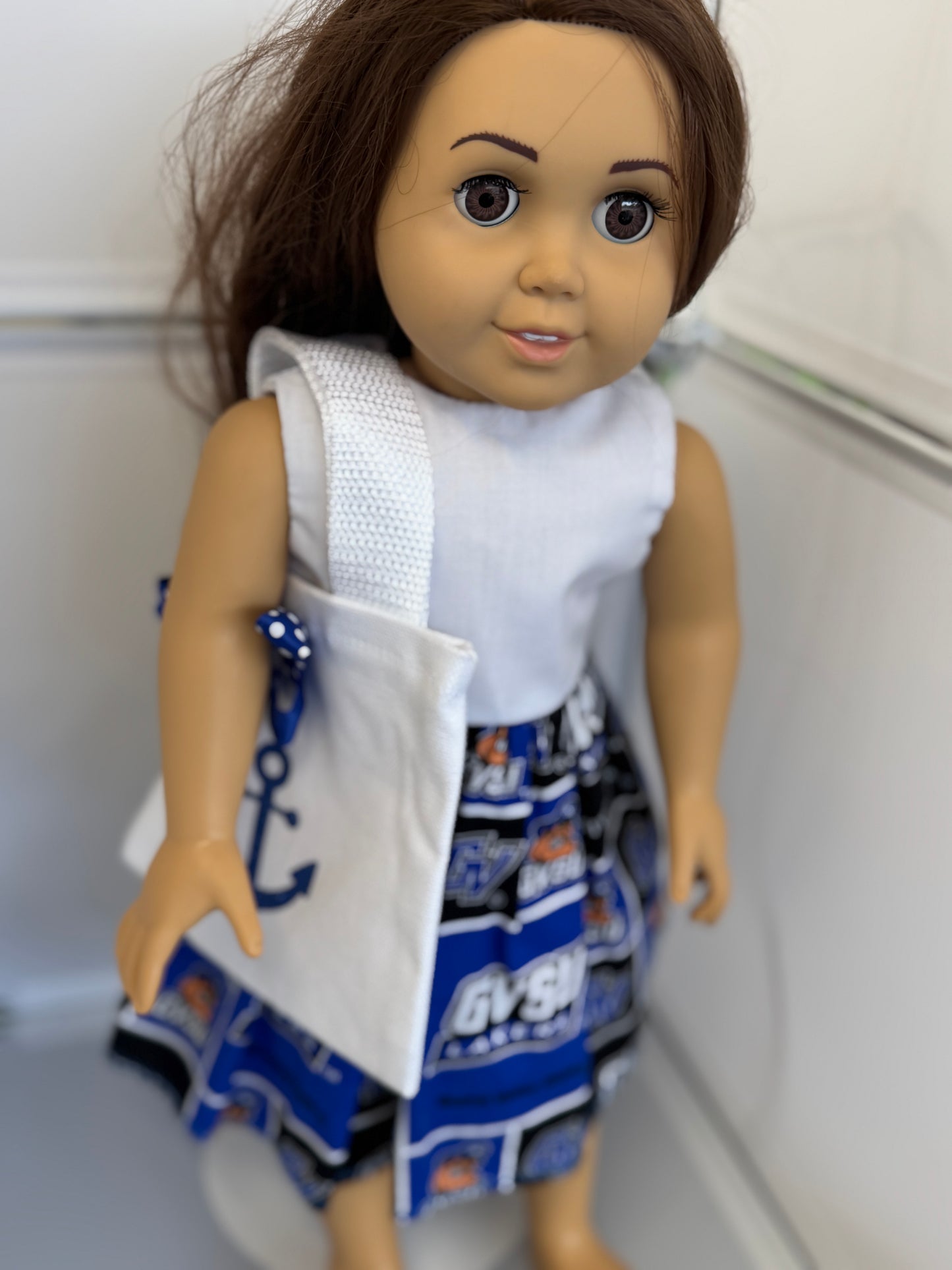 Handmade 18" Doll Clothes – Blue & White Collegiate-Inspired Dress with Matching Bow