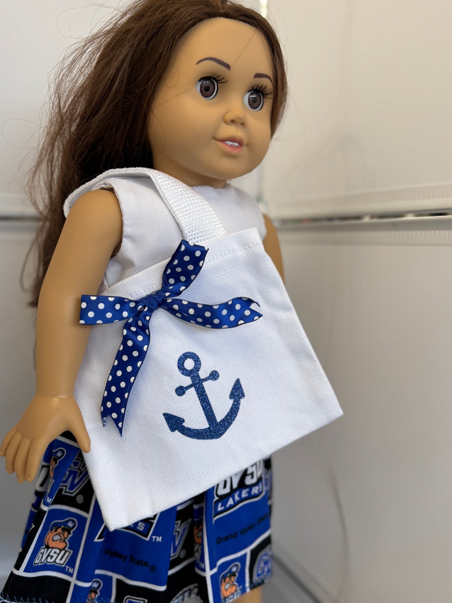 Handmade 18" Doll Clothes – Blue & White Collegiate-Inspired Dress with Matching Bow