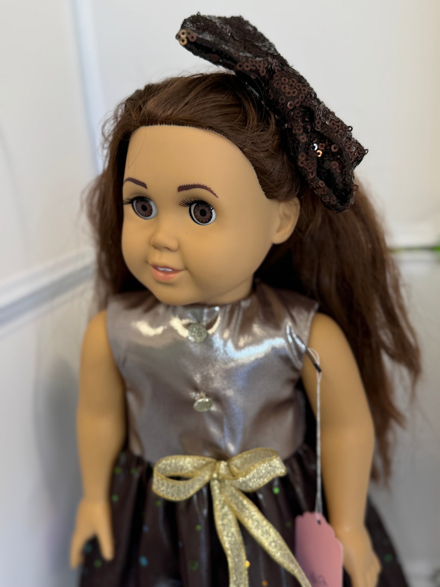 Handmade 18" Doll Clothes - Brown Fancy Dress & Bow