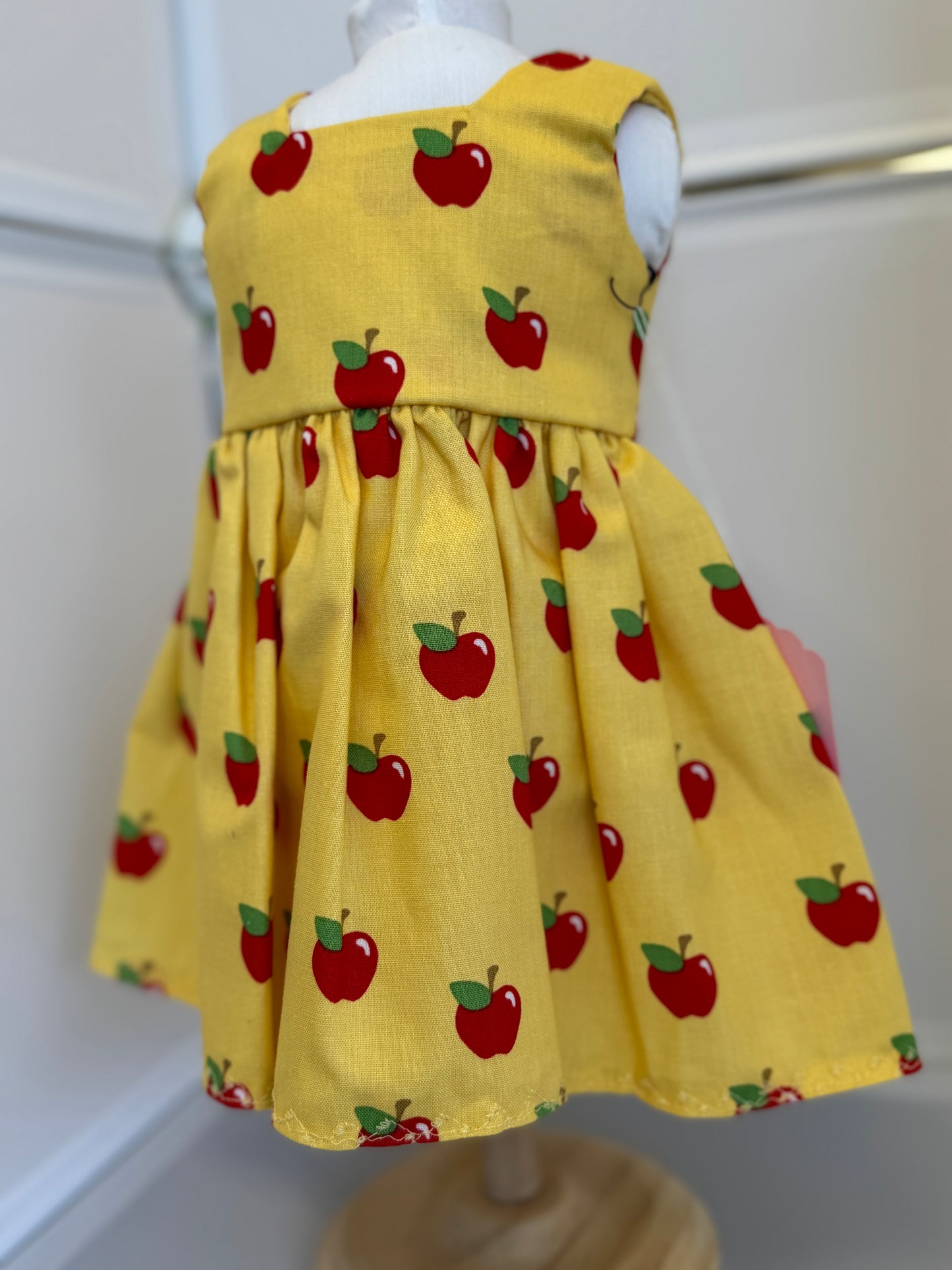 Handmade 18" Doll Clothes - Back to School Dress - Yellow Apples & Bag