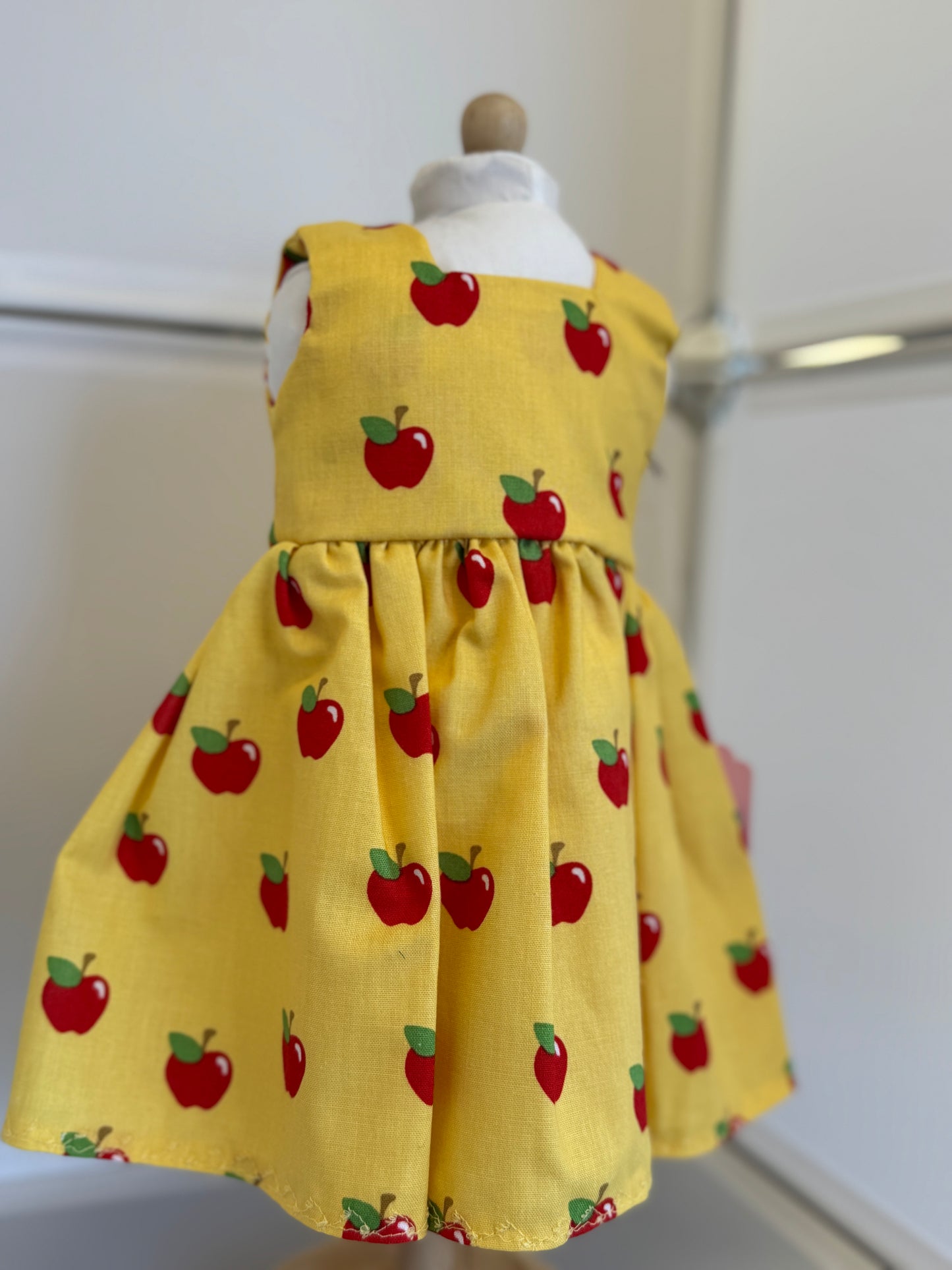 Handmade 18" Doll Clothes - Back to School Dress - Yellow Apples & Bag