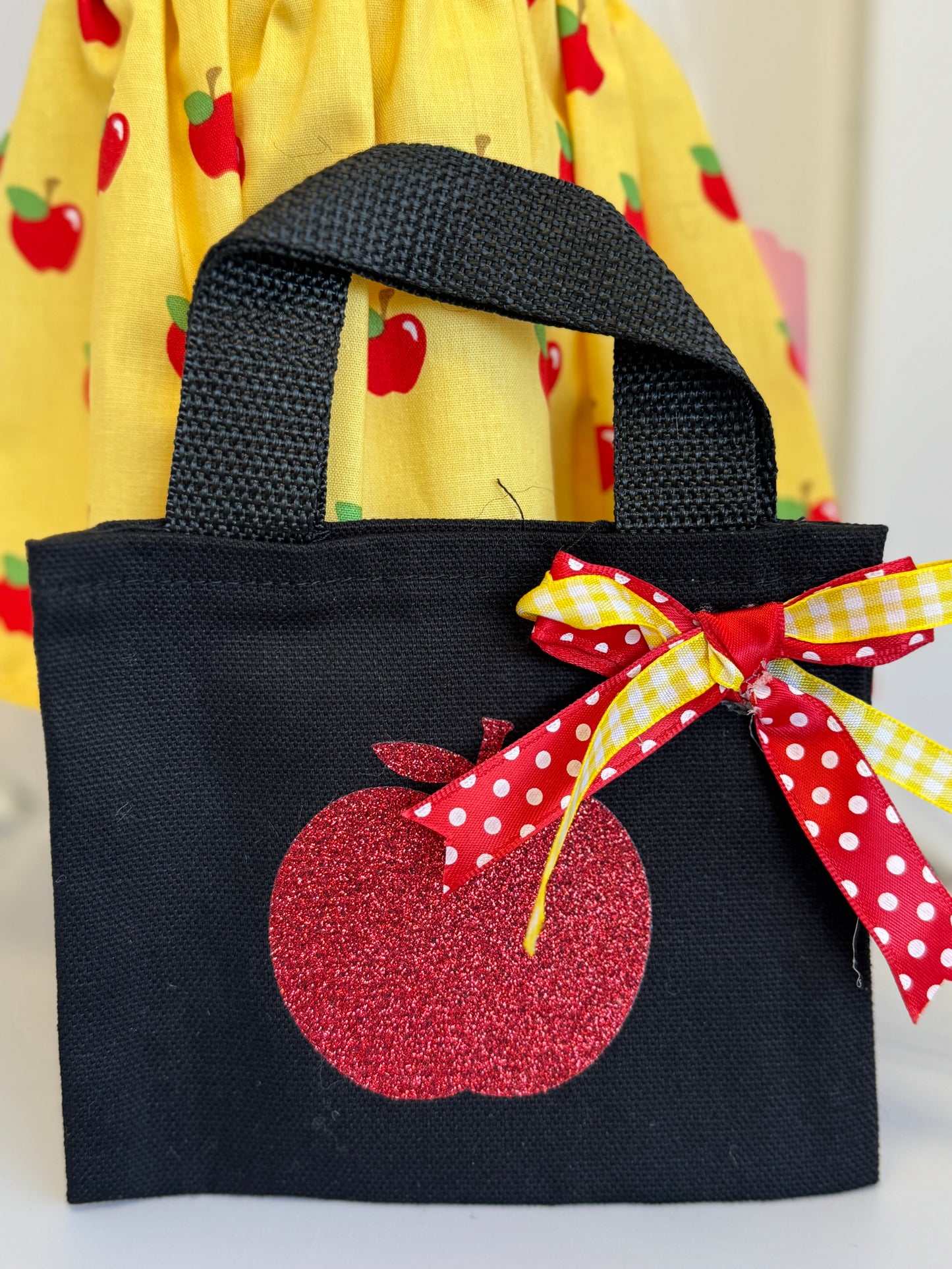 Handmade 18" Doll Clothes - Back to School Dress - Yellow Apples & Bag