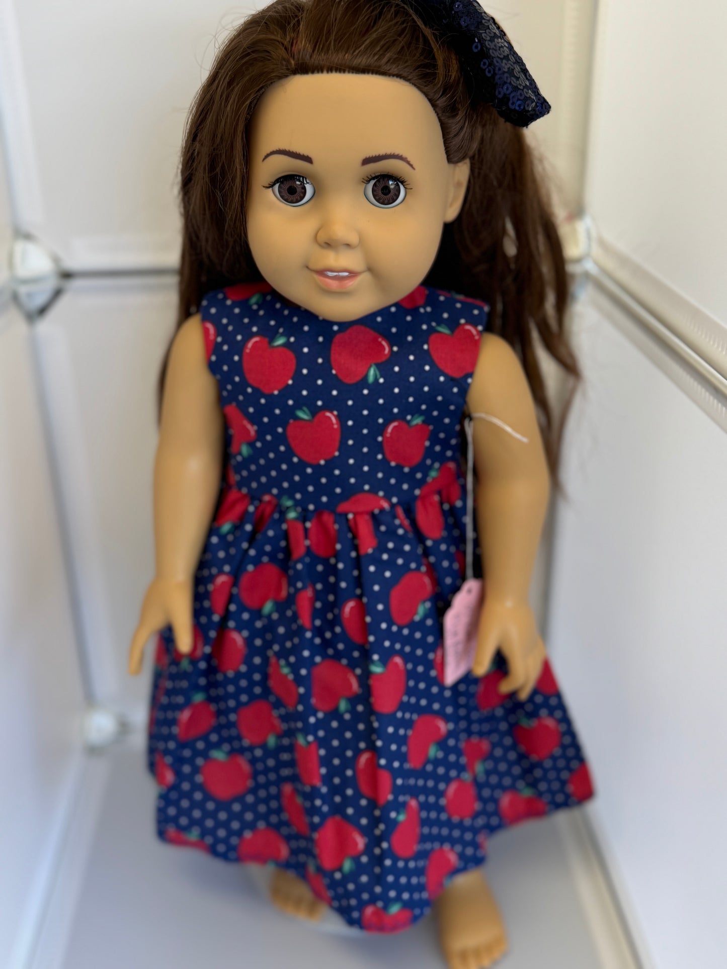 Handmade 18" Doll Clothes - Back to School Dress - Blue Apples & Bow