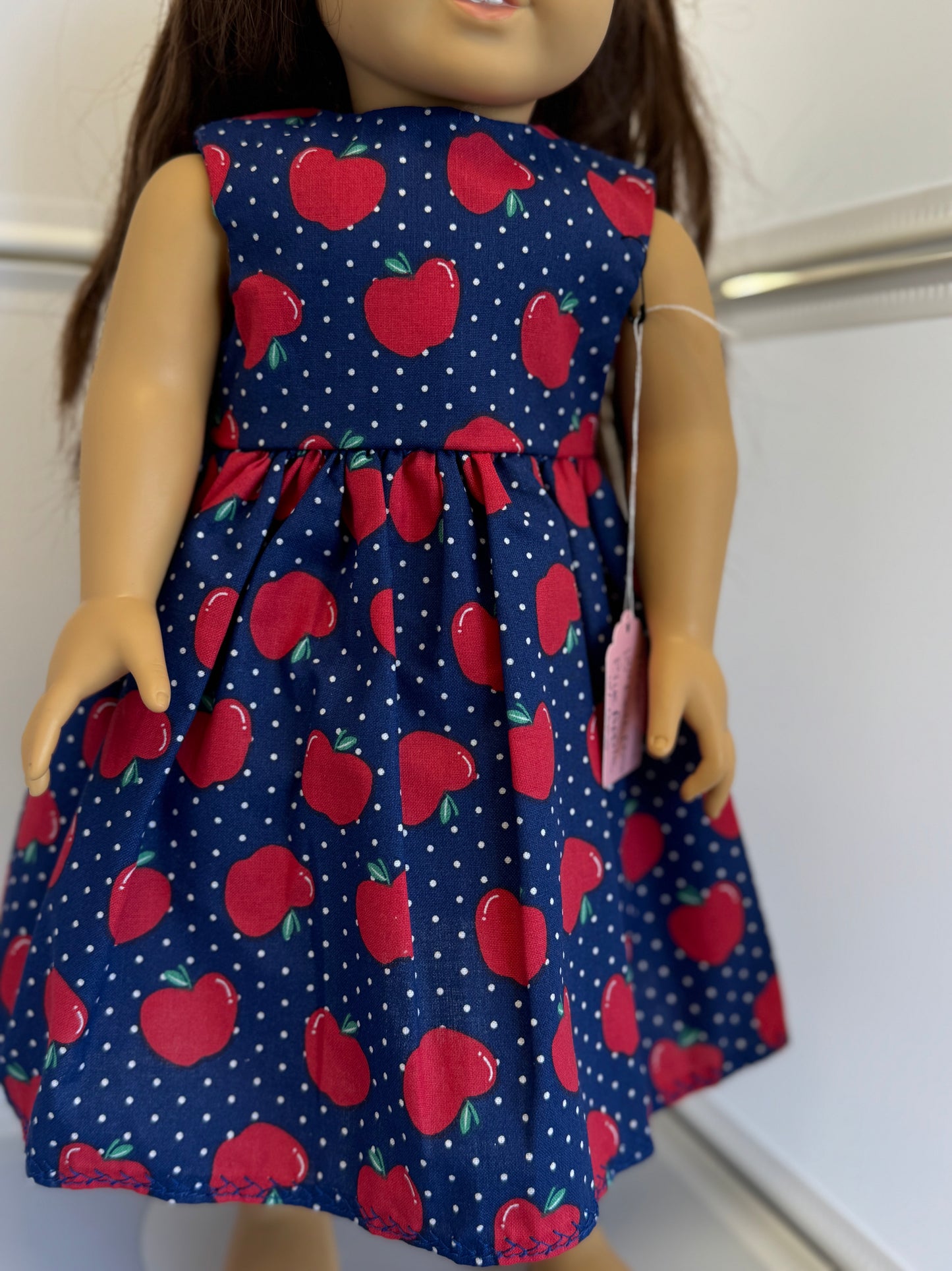 Handmade 18" Doll Clothes - Back to School Dress - Blue Apples & Bow