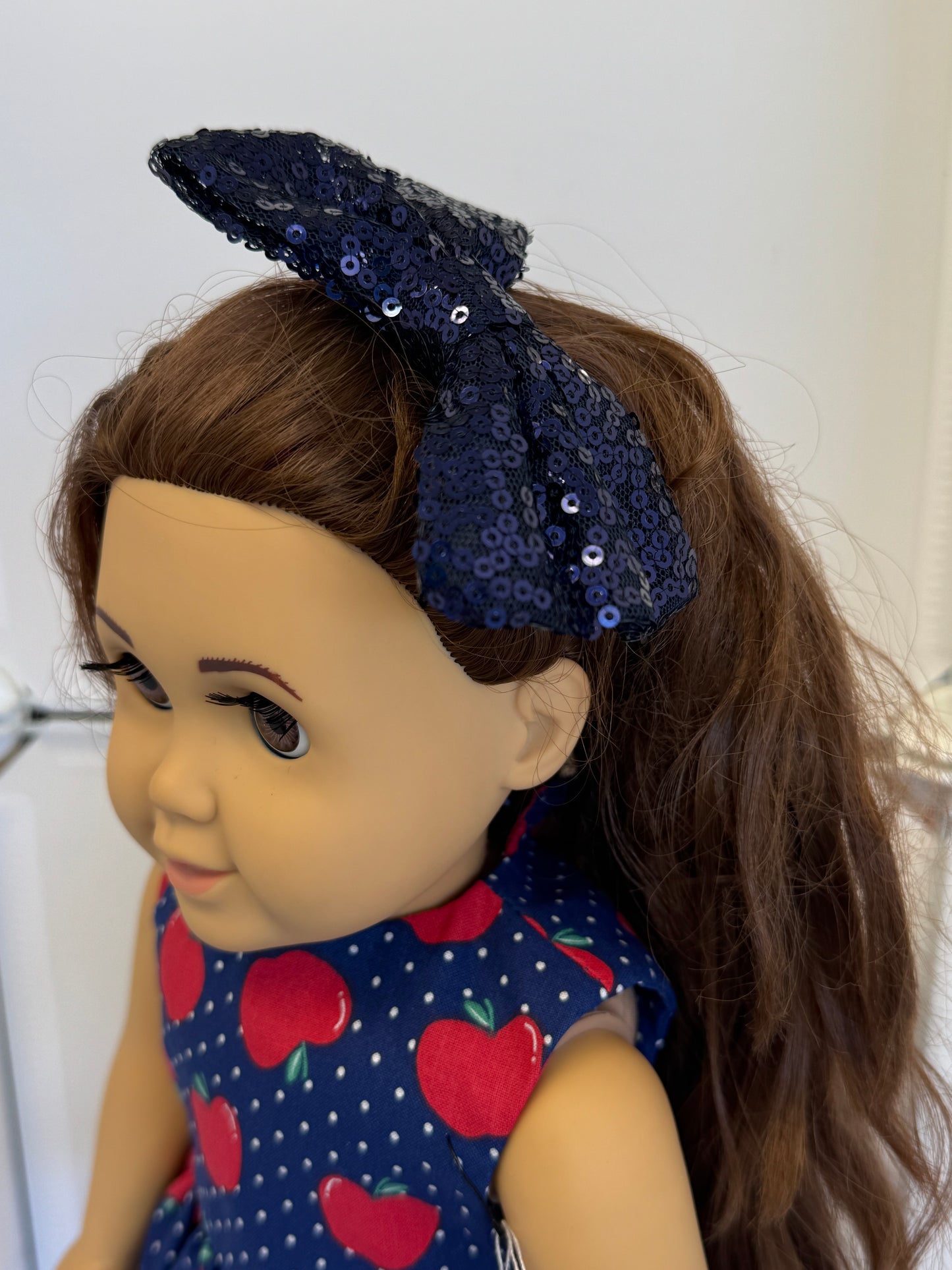Handmade 18" Doll Clothes - Back to School Dress - Blue Apples & Bow