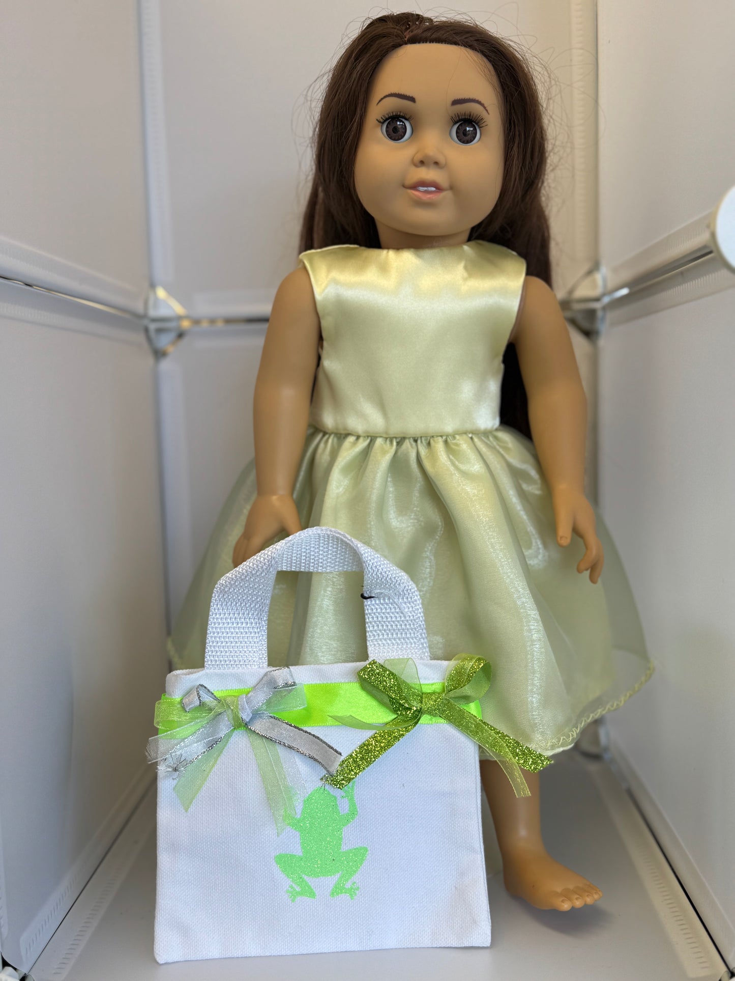 Handmade 18" Doll Clothes - Princess Dress - Frog Bag