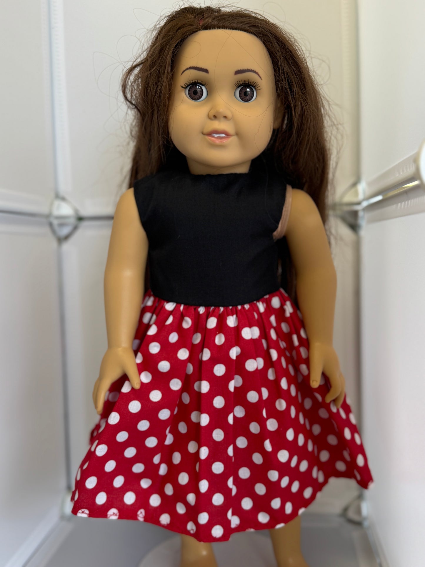 Handmade 18" Doll Clothes - Black Red & White Polka Dot Dress & Bag