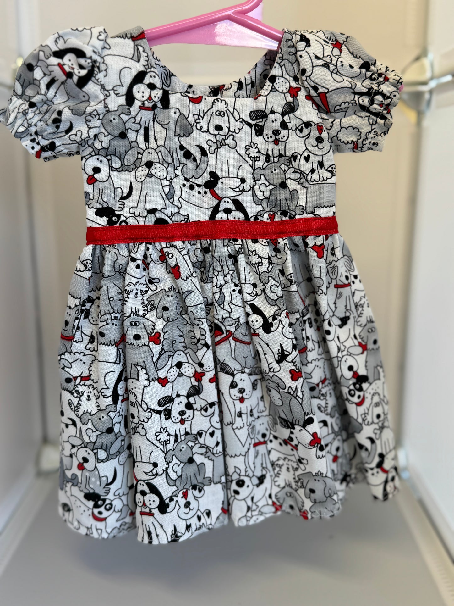 Handmade 18" Doll Clothes – Black, White & Red Dog Dress w/ Bow