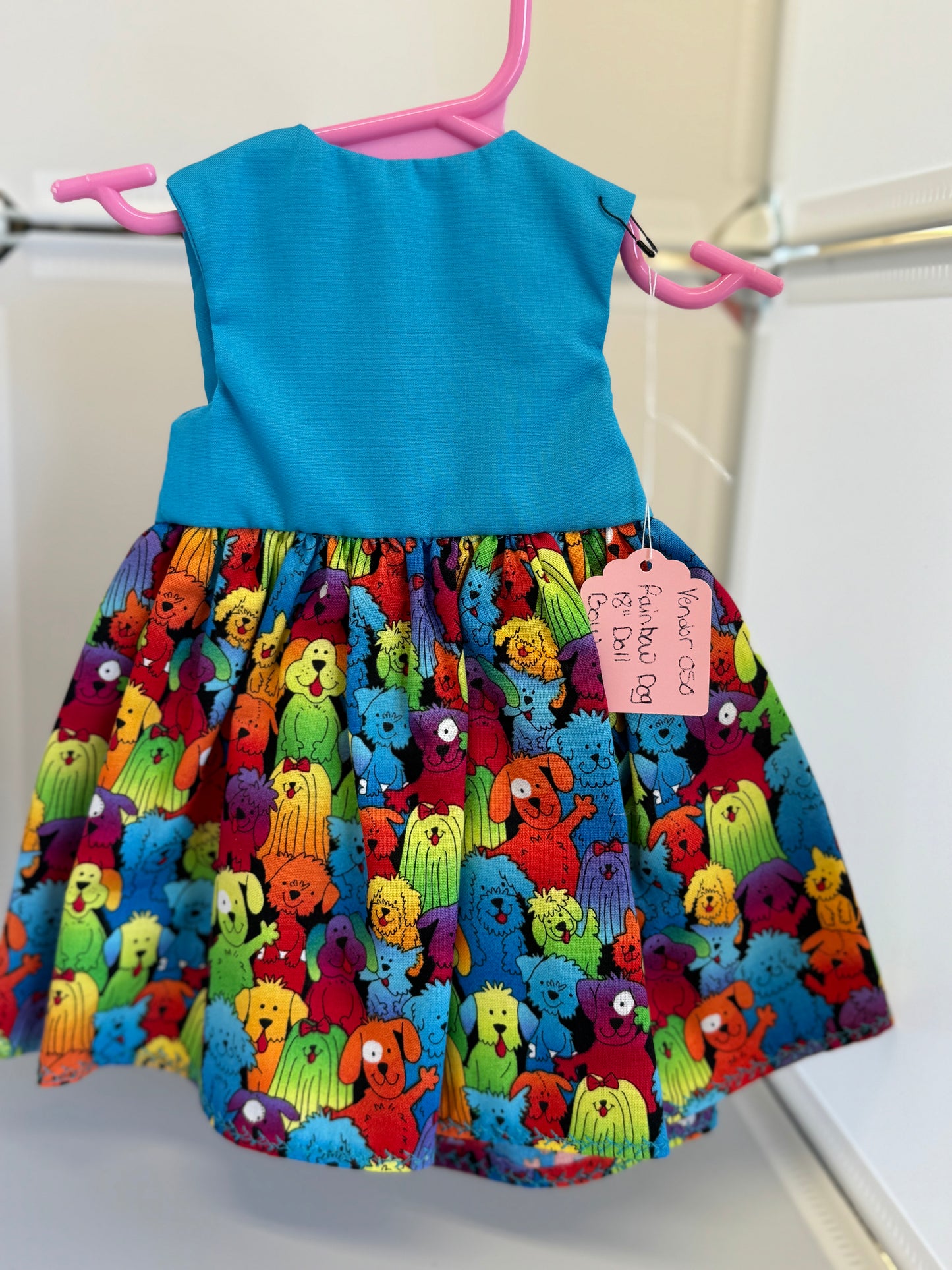 Handmade 18" Doll Clothes – Blue Bright Dog Dress w/ Bow
