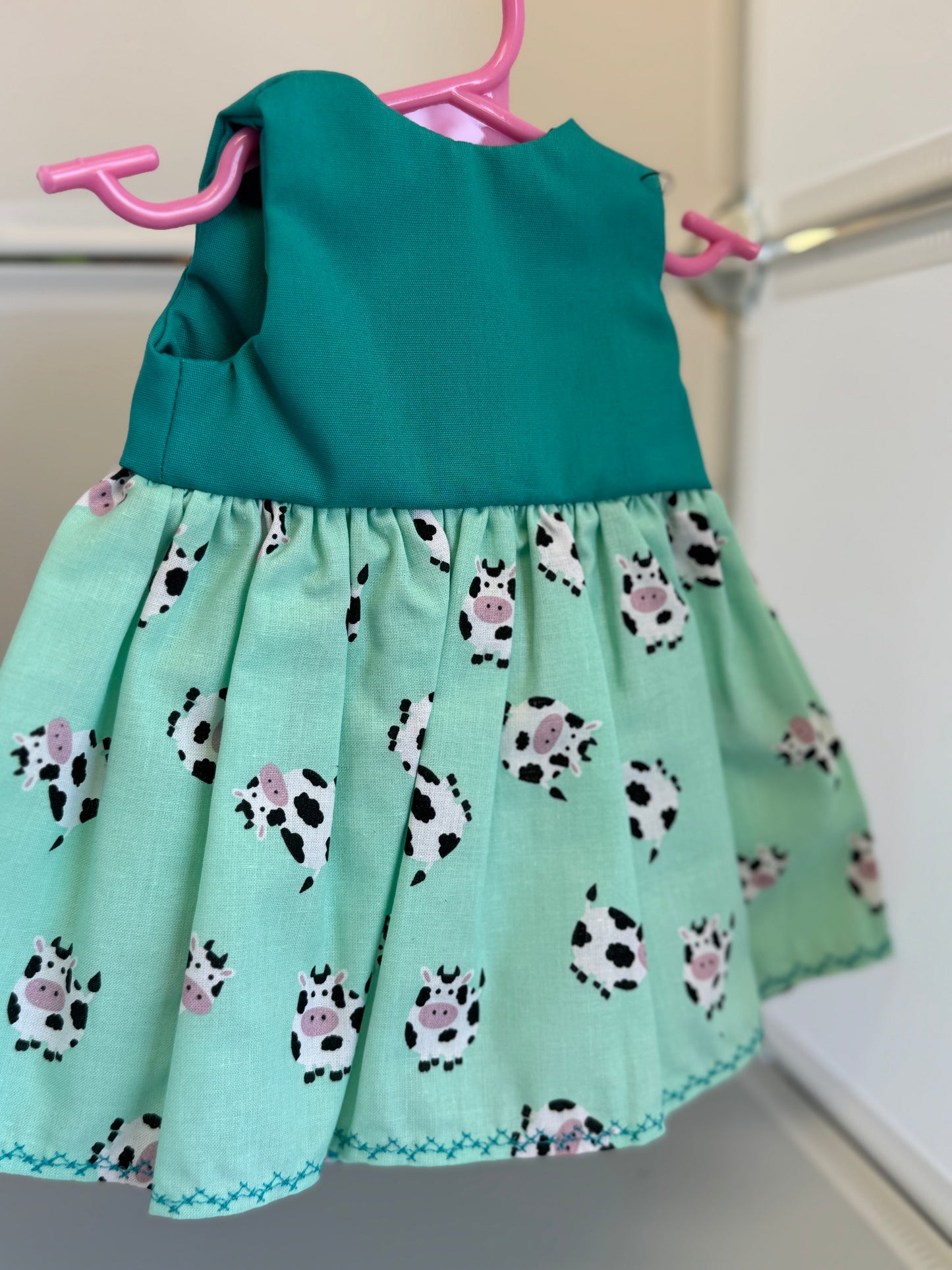 Handmade 18" Doll Clothes – Teal Cow Dress w/ Bow