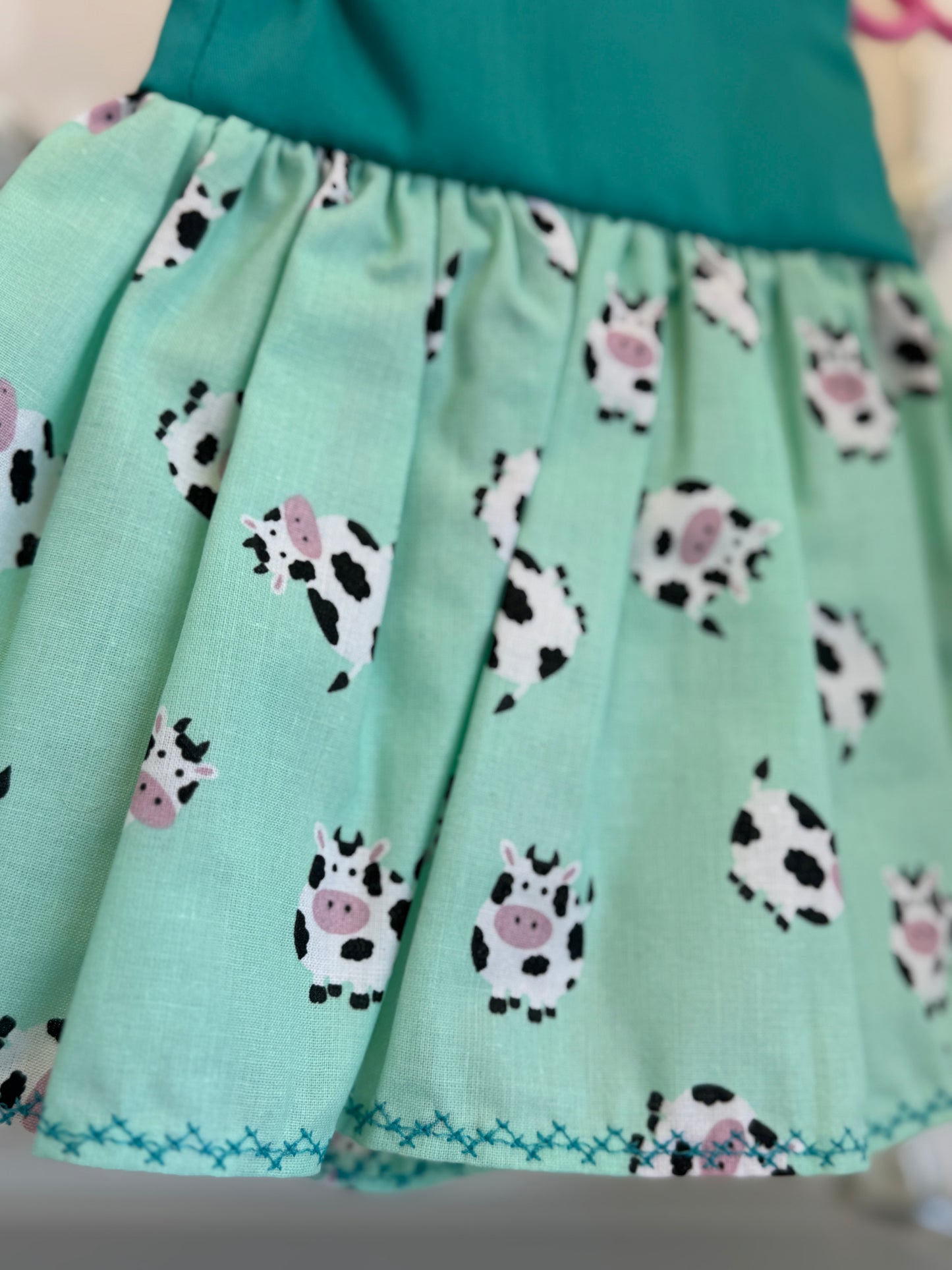 Handmade 18" Doll Clothes – Teal Cow Dress w/ Bow