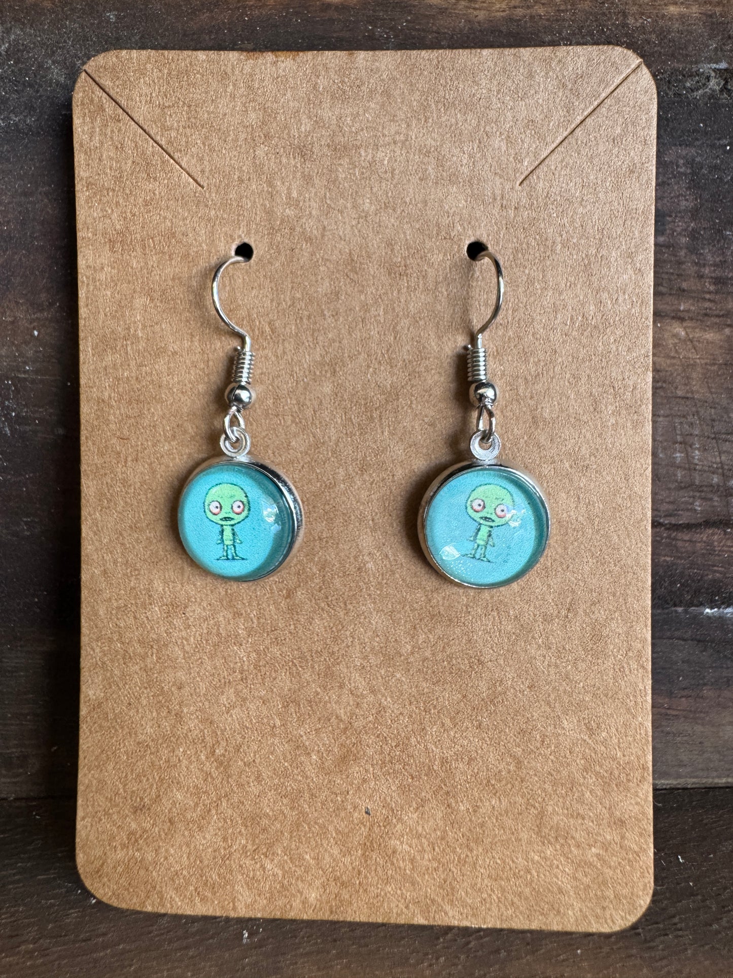 Handmade Aluminum & Glass Earrings - Green Alien
