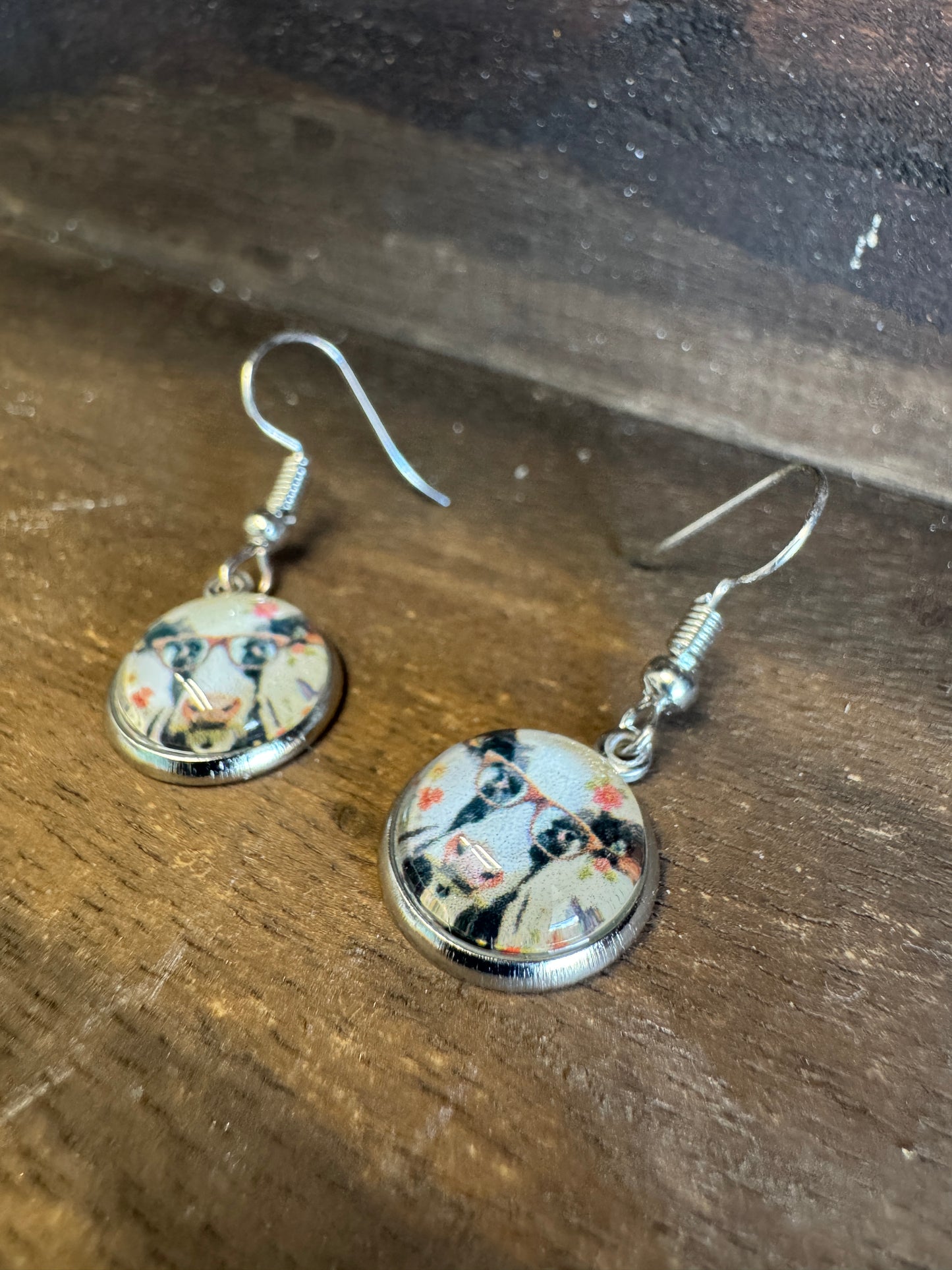 Handmade Aluminum & Glass Earrings - Cow with Glasses