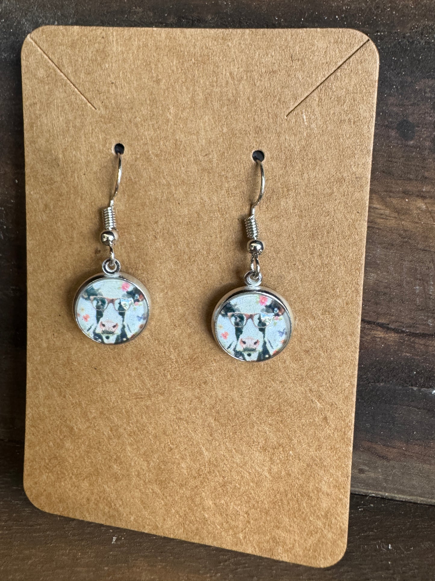 Handmade Aluminum & Glass Earrings - Cow with Glasses