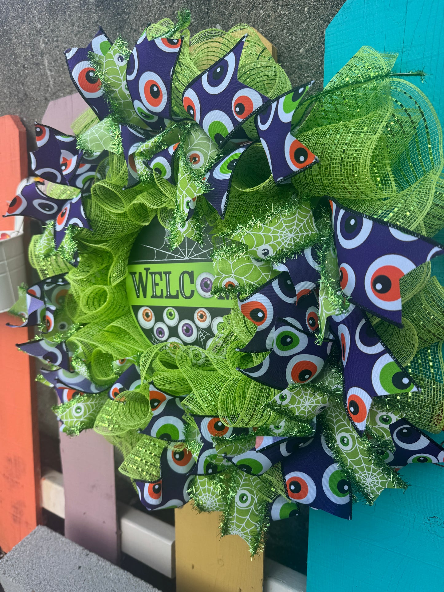 Handmade Deco Mesh Wreaths - Welcome Spooky Eyeballs - Halloween