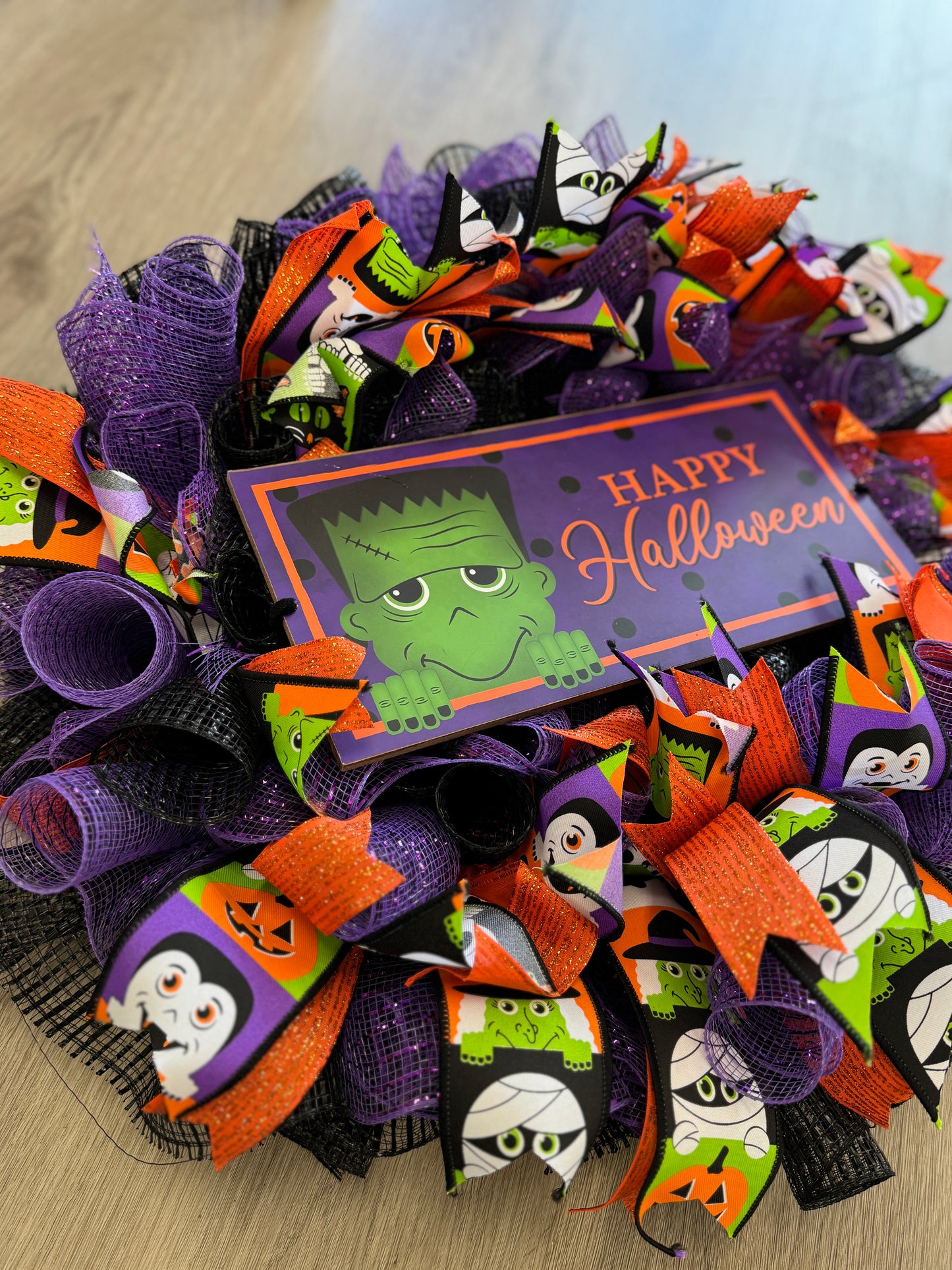 Handmade Deco Mesh Wreaths - Happy Halloween -Frankenstein