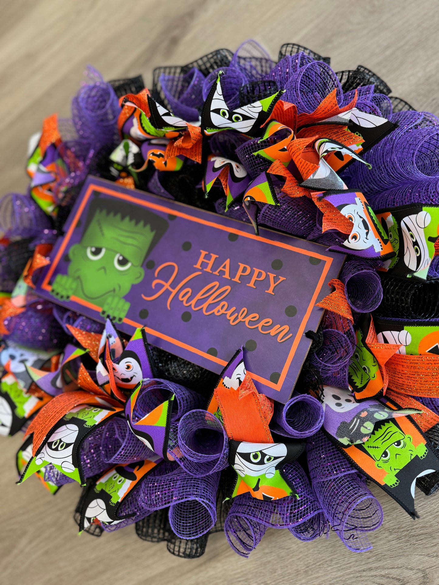 Handmade Deco Mesh Wreaths - Happy Halloween -Frankenstein