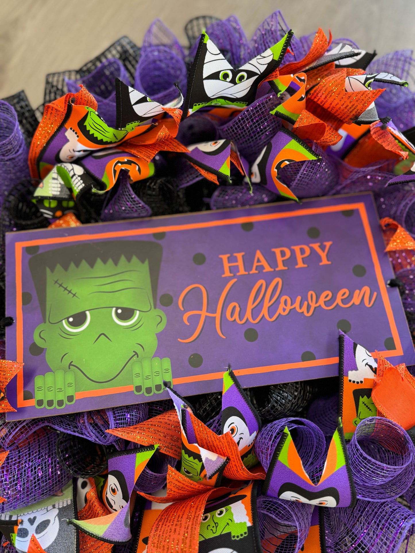 Handmade Deco Mesh Wreaths - Happy Halloween -Frankenstein