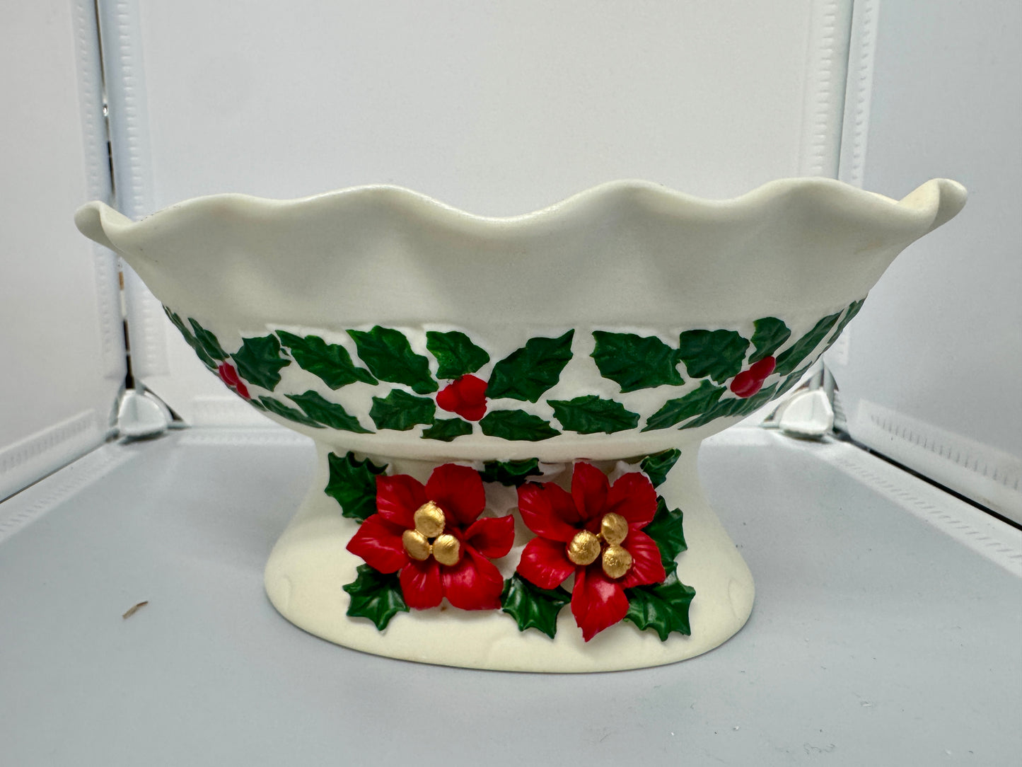 Holiday Poinsettia & Holly Pedestal Bowl