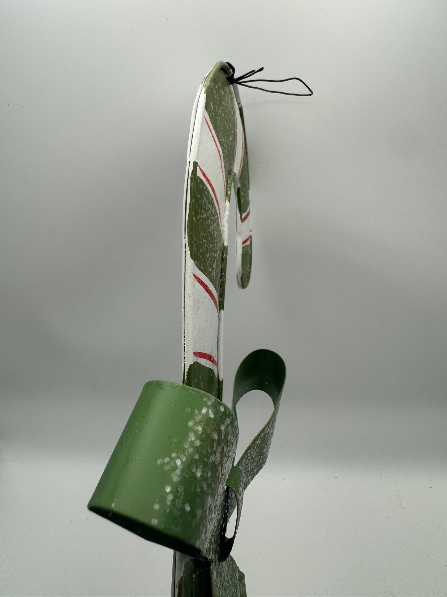 Green & White Tin Candy Cane Ornament with Glitter Bow – 14"