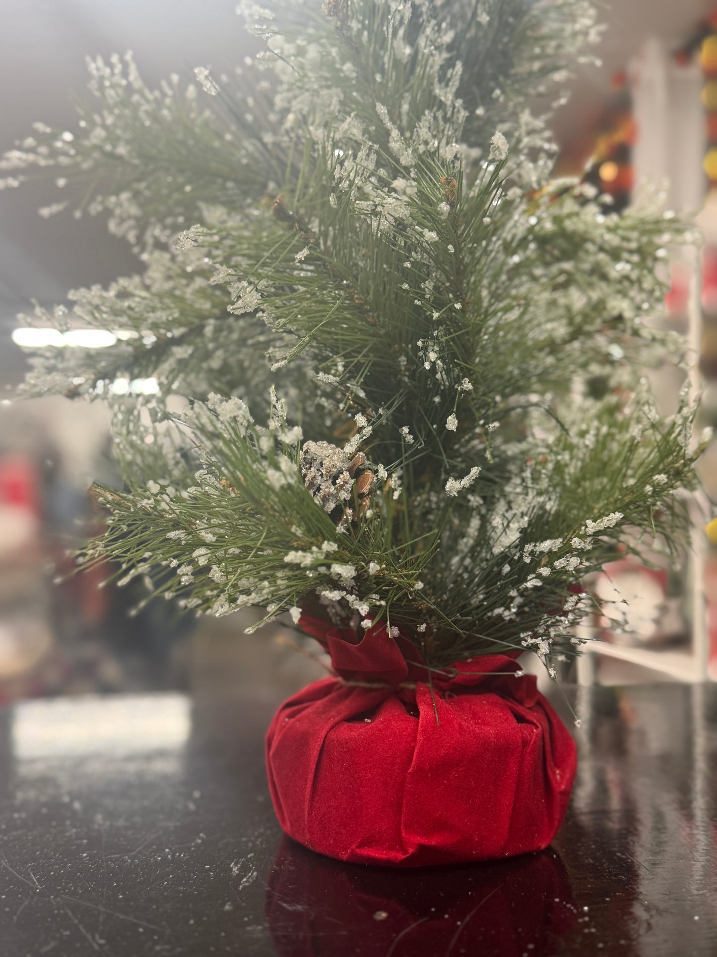 Flocked Mini Christmas Tree with Red Velvet Base – 20"