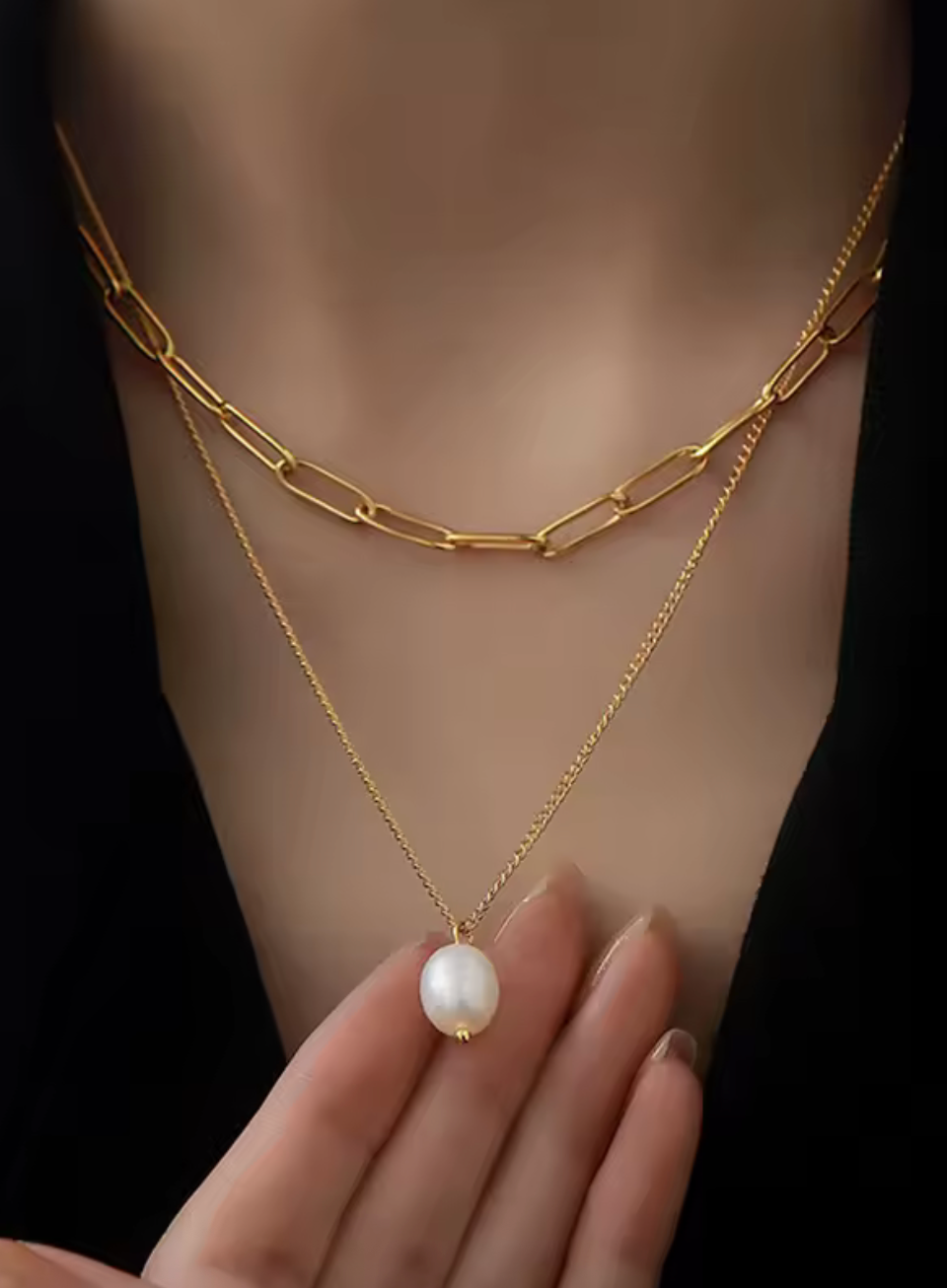 316L Stainless Steel New Fashion Fine Jewelry Minimalism 2-Layer Pearl Charm Chain Choker Necklaces Pendants For Women