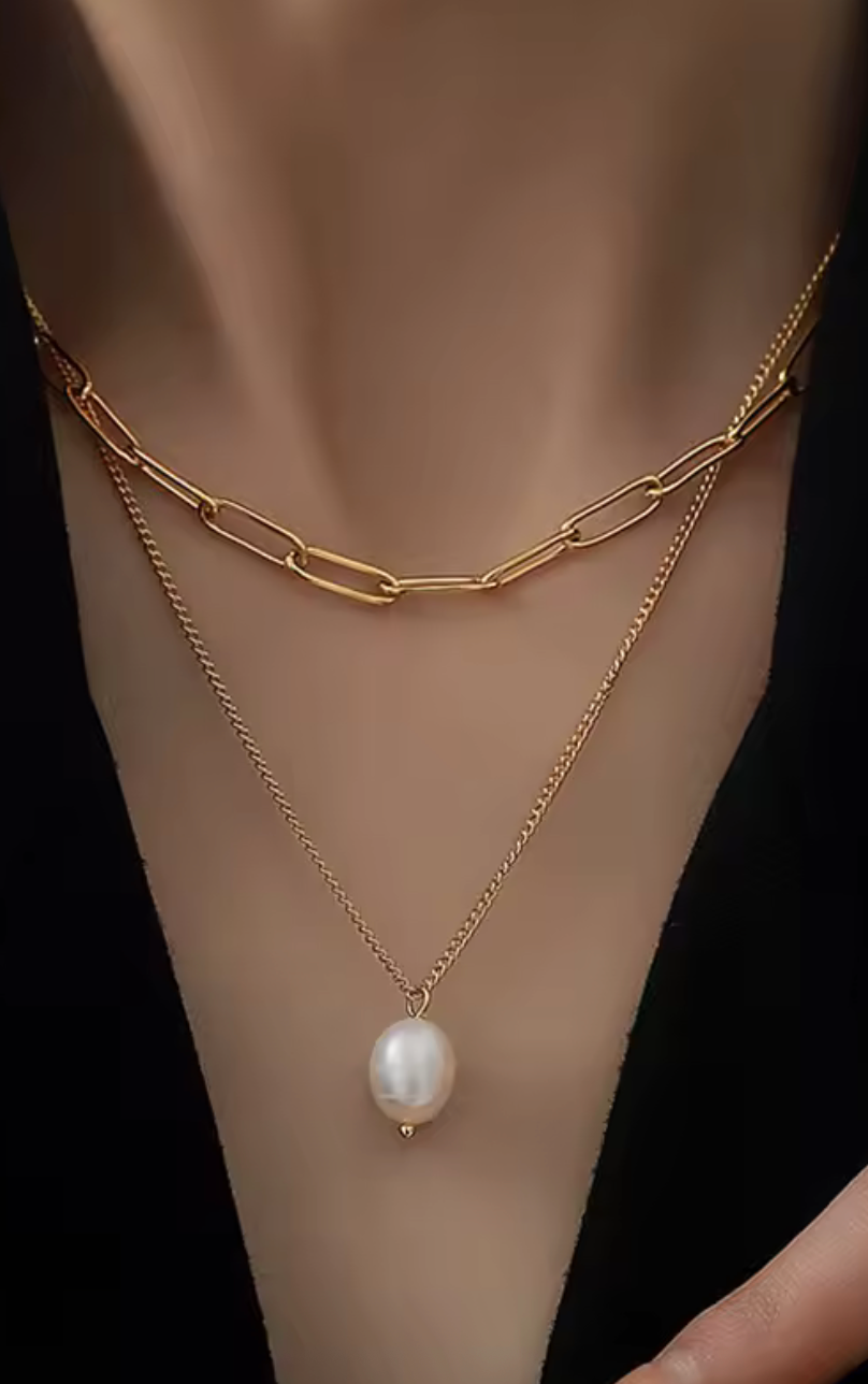 316L Stainless Steel New Fashion Fine Jewelry Minimalism 2-Layer Pearl Charm Chain Choker Necklaces Pendants For Women