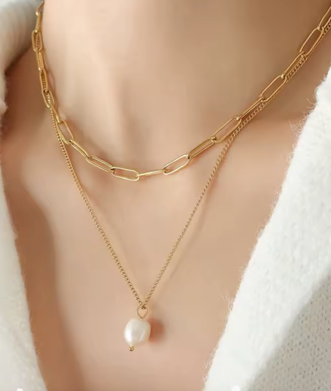 316L Stainless Steel New Fashion Fine Jewelry Minimalism 2-Layer Pearl Charm Chain Choker Necklaces Pendants For Women