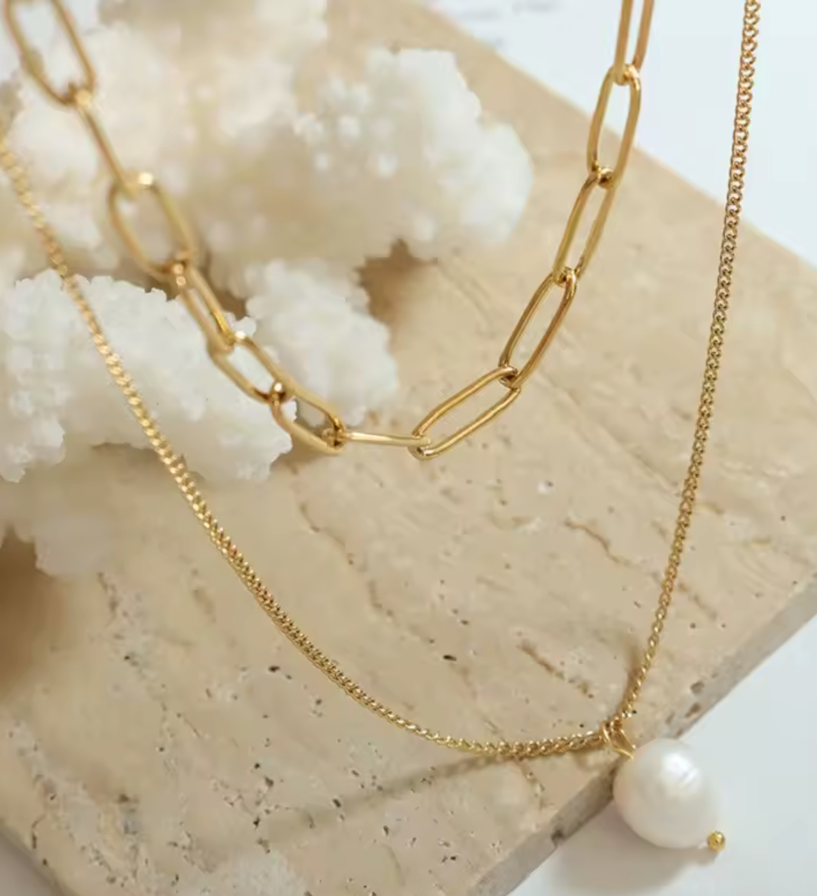 316L Stainless Steel New Fashion Fine Jewelry Minimalism 2-Layer Pearl Charm Chain Choker Necklaces Pendants For Women